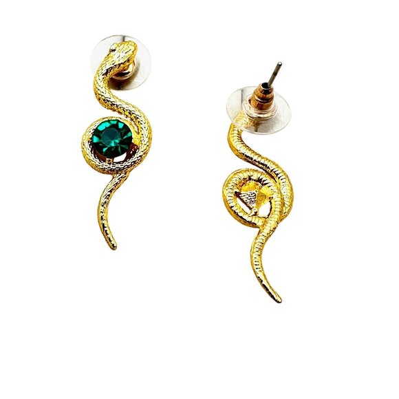 New Snake Earrings Pierced Green Rhinestone Gold Tone Chandelier 1.5 Inch - Picture 2 of 5